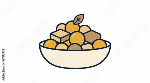 Minimalist graphic depicting a bowl overflowing with an inviting mix of golden fruits, sweet morsels, and natural elements, ideal for themes of nutrition, dessert, or healthy eating