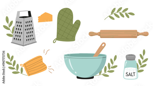 Collection of essential kitchen tools and accessories such as a grater, oven mitt, rolling pin, mixing bowl, and salt shaker.