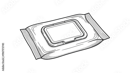 Realistic black and white line drawing of a package of wet wipes or disposable cleaning tissues on a plain white background.