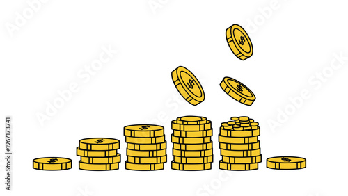 Financial illustration depicting growing stacks of gold dollar coins with some additional coins falling onto the top pile.