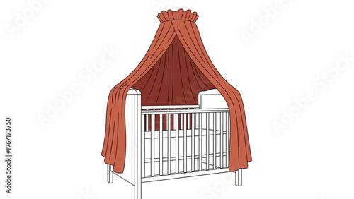 Cozy baby nursery furniture featuring a white wooden crib with a long draped brown canopy fabric for a peaceful sleep.