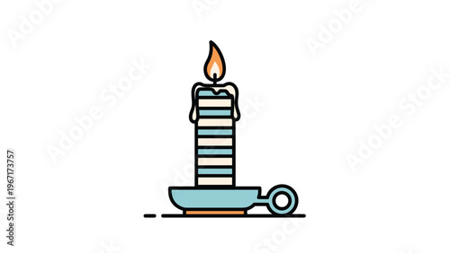 Colorful vector illustration of a tall striped candle burning on a small blue holder stand against a white background.