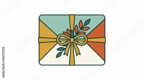 A beautifully wrapped gift box with a ribbon and autumn leaves, perfect for celebrations and seasonal presents