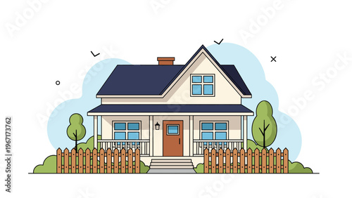 Charming suburban house with a blue roof, a front porch, and a brown wooden fence surrounded by green trees and bushes.