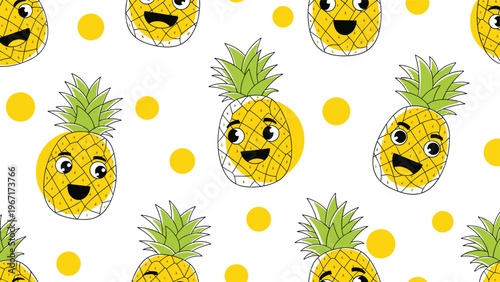 Fun seamless pattern of cute smiling pineapple characters with expressive eyes on a white background with yellow dots.