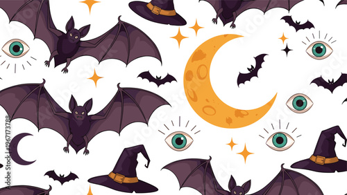 Spooky halloween pattern featuring dark bats, purple witch hats, a crescent moon, golden stars, and mysterious eyes.