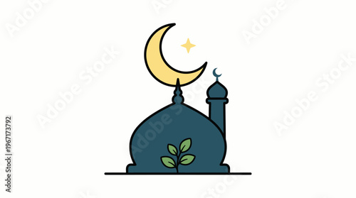Minimalist line art illustration featuring a tranquil mosque dome, a luminous crescent moon, and a radiant star, embodying spiritual serenity, growth, and Islamic cultural heritage