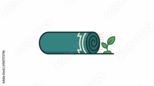 Embrace the path of inner peace and natural growth with this minimalist illustration featuring a rolled mat and a budding green plant, symbolizing spiritual journey and fresh starts