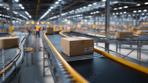 Automated warehouse conveyor belts move cardboard boxes with industry.