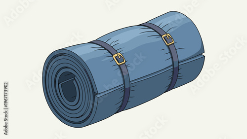 Compact blue rolled-up camping mat or outdoor blanket secured with dark straps and golden buckles for travel and adventure.
