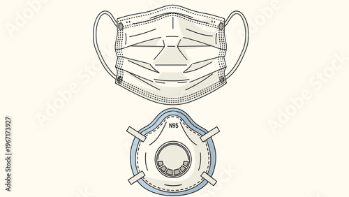 Comparison illustration of a standard pleated medical face mask and a round N95 respirator mask for health protection.
