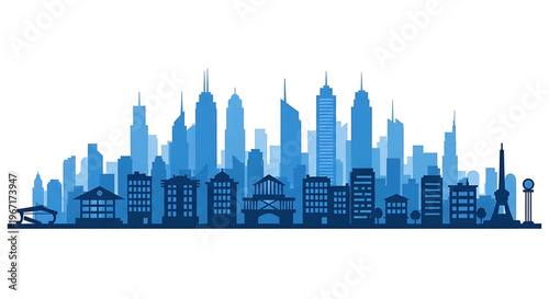 A blue city skyline silhouette vector graphic with modern buildings and skyscrapers