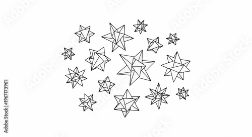 Scattered geometric starburst shapes in black outline on white background