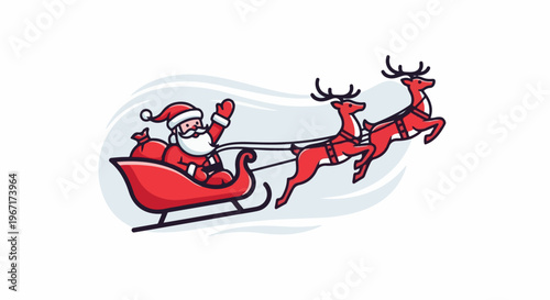 Festive Santa Claus rides in sleigh pulled by reindeer through a snowy sky