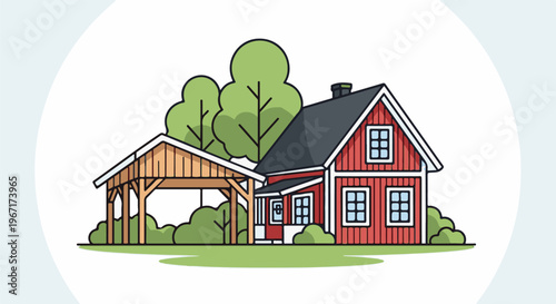 Red country house with attached wooden carport and trees