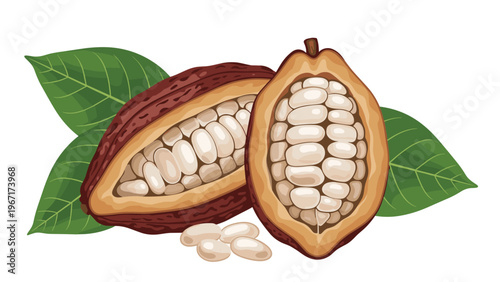 Detailed botanical illustration of whole and cut open cocoa pods showing the white beans inside with green leaves.