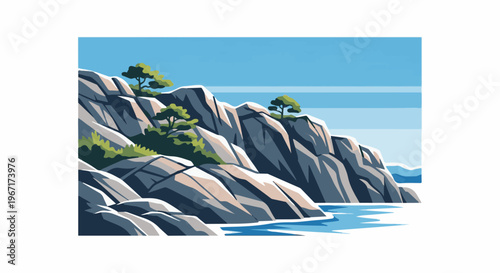 Rocky cliffs meet blue water under a clear sky with wispy clouds