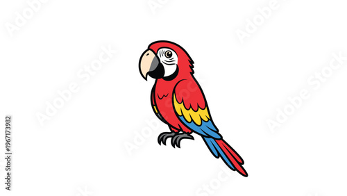 Vibrant illustration of a red macaw parrot with colorful blue and yellow wing feathers against a plain white background.