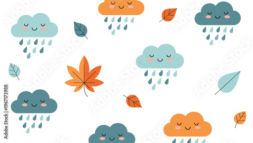 Cheerful autumn pattern featuring smiling blue and orange clouds with raindrops and colorful falling leaves on a white background.