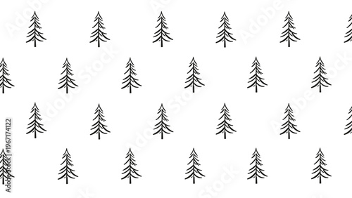 Minimalist black and white seamless pattern featuring small stylized pine tree icons arranged in rows on a plain background.