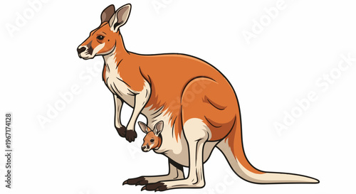 Cartoon kangaroo with joey in pouch, standing alert on white background