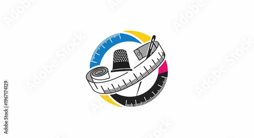 Sewing tools, thimble, tape measure, needle, and measuring circle