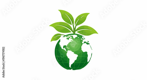 Green globe with sprouting leaves signifies environmental growth and sustainability