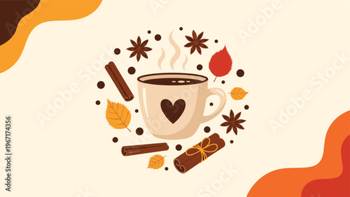 Cozy autumn still life illustration featuring a warm cup of coffee surrounded by cinnamon sticks, star anise, and fallen leaves on a soft background.