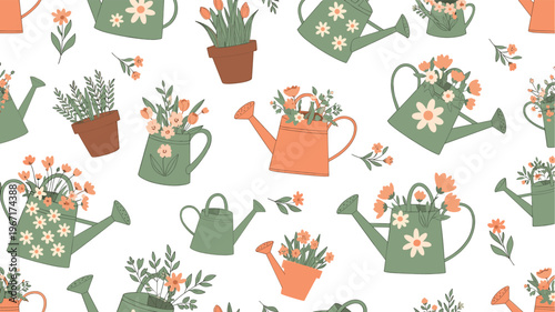 Charming seamless pattern showcasing various gardening tools including watering cans and terracotta pots filled with beautiful spring flowers and plants.