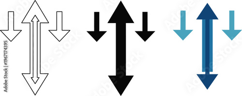 Three different styles of up and down arrows shown in silhouette with three sets of