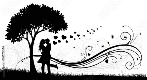 Loving couple kissing under tree with hearts and swirls on white background