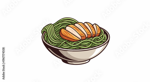 Bowl of green noodles with sliced chicken breast on top