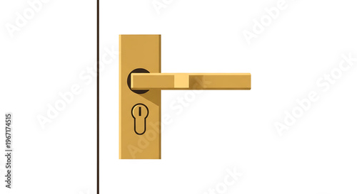 A modern golden door handle with a keyhole on a white background