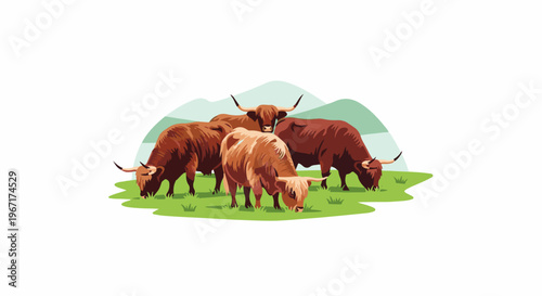 Four shaggy, horned cattle graze peacefully on a vibrant green meadow