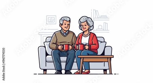 Elderly couple enjoying hot drinks while seated on a sofa