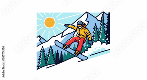 Snowboarder gracefully descends a snowy mountain slope under a bright sun