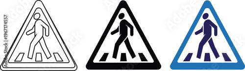 Pedestrian crossing sign icons, graphic illustration, three triangular signs