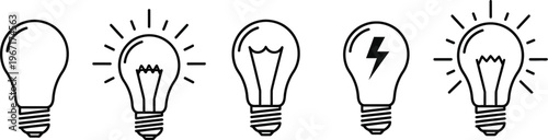 Silhouette of light bulb evolution, from basic to illuminated, a series of five