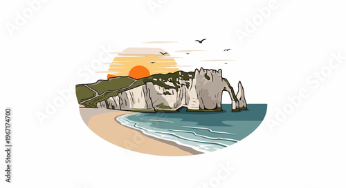 Scenic coastal cliff with arch and beach at sunset, birds in sky