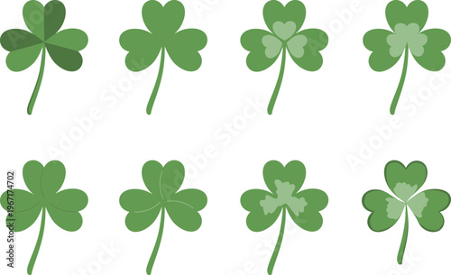 Vector green clover elements set. Hand drawn illustration isolated on white background. 