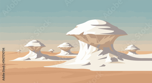 Stylized desert landscape with white mushroom-shaped rock formations under a muted sky