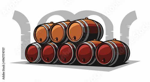 Stacked wooden barrels in arched cellar