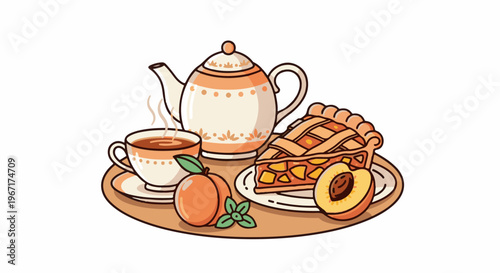 Cozy tea time with a slice of fruit pie and fresh peaches