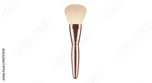 A makeup brush with a rose gold handle and fluffy white bristles for applying cosmetics
