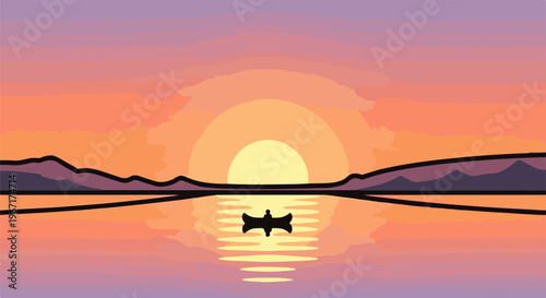Canoeist sails on tranquil water during a vibrant sunset