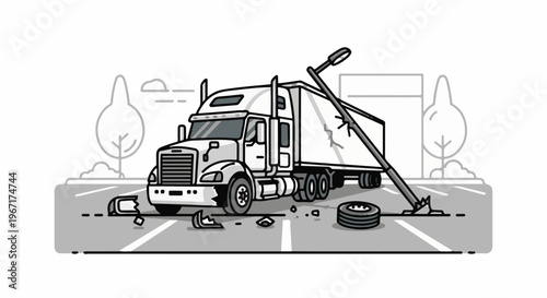 Semi-truck involved in road accident, hitting a lamppost