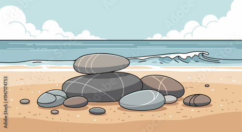 Stacked smooth stones on a sandy beach with calm ocean waves