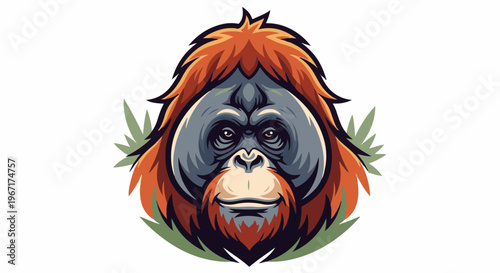 Stylized ape face with orange fur, gray skin, and green leaves