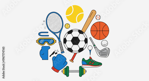 Assortment of sports equipment and athletic gear arranged in a circular pattern