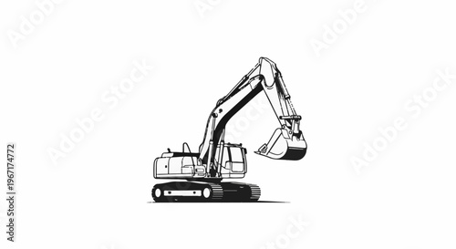 Black and white illustration of a tracked excavator with its boom and bucket extended